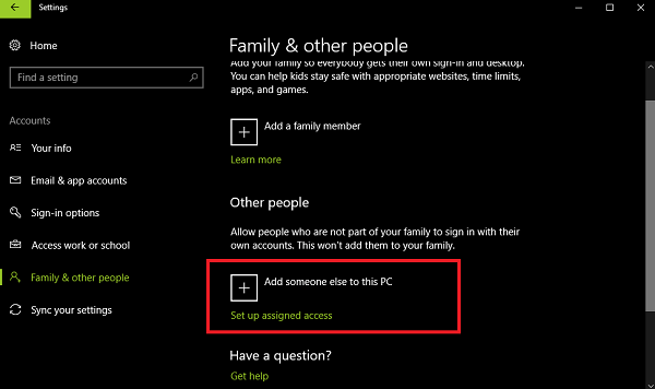 Create a new user account in windows 10