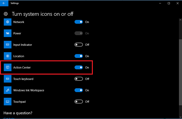 turn off action center system icon in windows 10