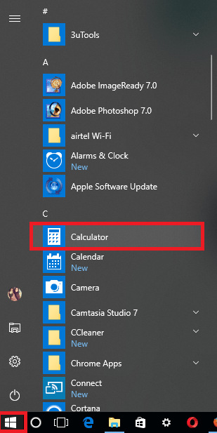 calculator in windows 10 start menu