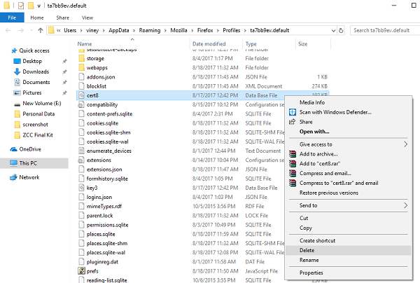 delete cert8 file firefox