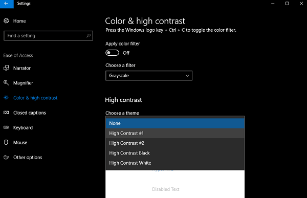 how to change windows 10 from high contrast black theme