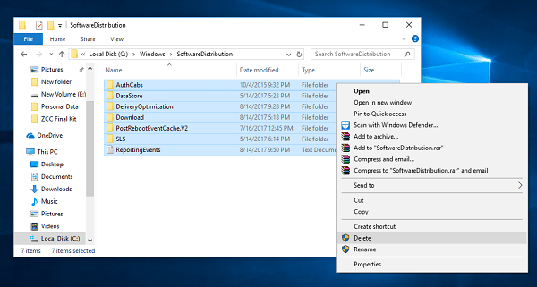 delete softwaredistribution folder in windows 10