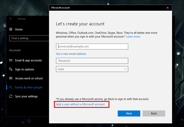 add user without microsoft account in windows 10