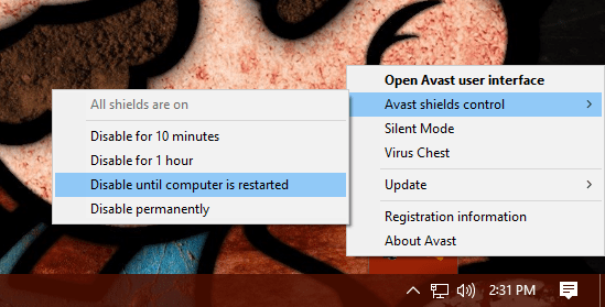 disable avast shield control