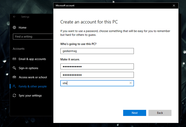 create account for this pc in windows 10