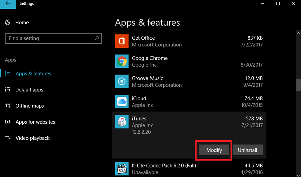 modify itunes in windows 10