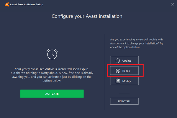 repair avast antivirus in windows 10