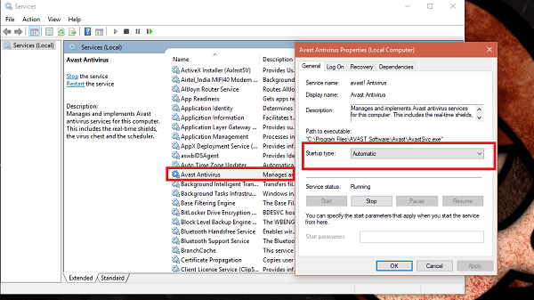 Avast antivirus startup type to automatic