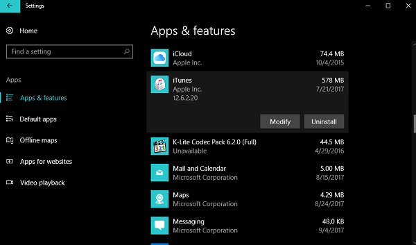 uninstall itunes from windows 10
