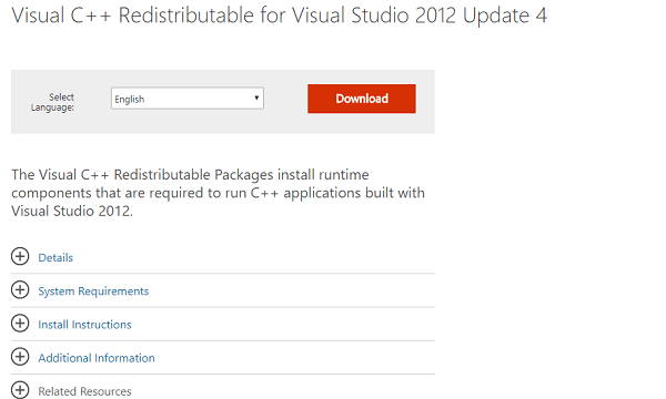 visual c++ redistributable for visual studio 2012 update 4