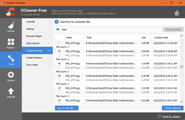 ccleaner duplicate finder reset