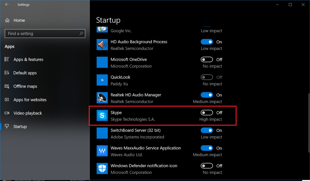 disable skype for business startup windows 10