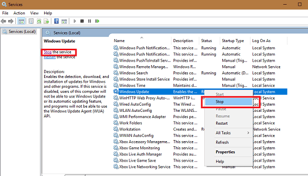 stop windows update service in windows 10