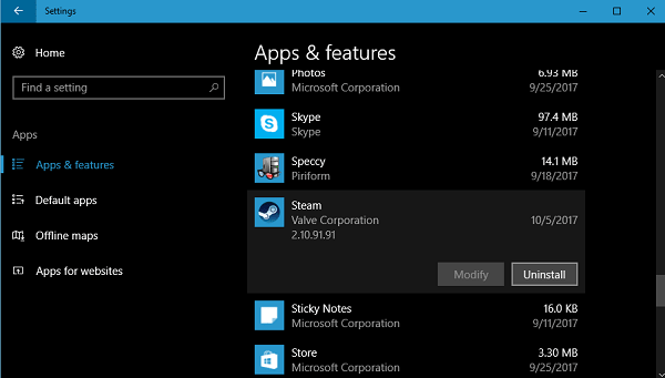 uninstall steam from windows 10