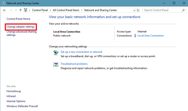 change adapter settings in control of windows 10