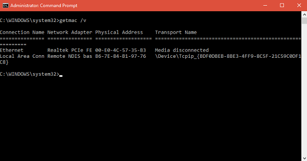 find mac address using command prompt in windows 10