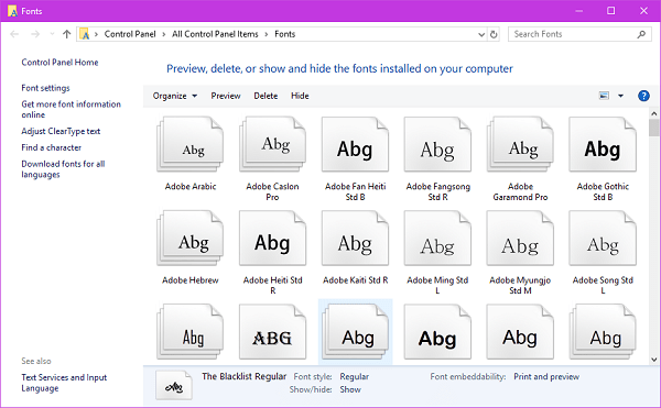 font files folder in control panel in windows 10