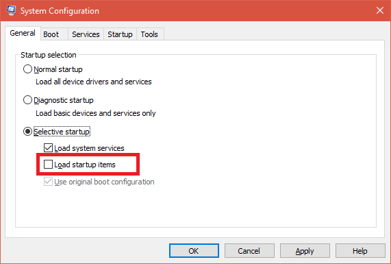 system configuration- load startup items