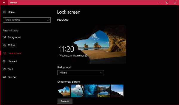 lockscreen settings windows 10