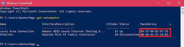 find mac address in windows 10 using windows powershell