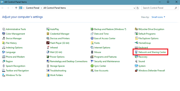 network and sharing center in control panel in windows 10