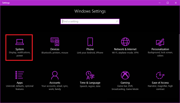 system settings in windows 10