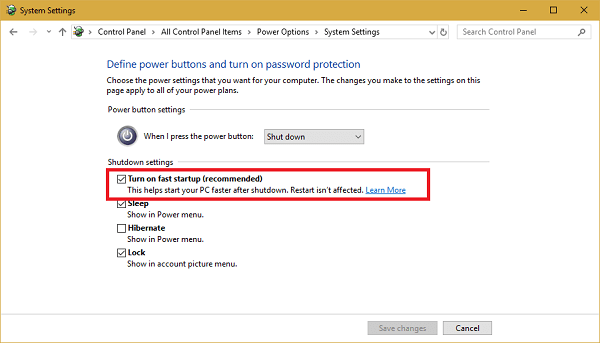 turn off fast startup option in windows 10