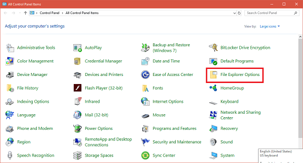 file explorer options folder in control panel in windows 10