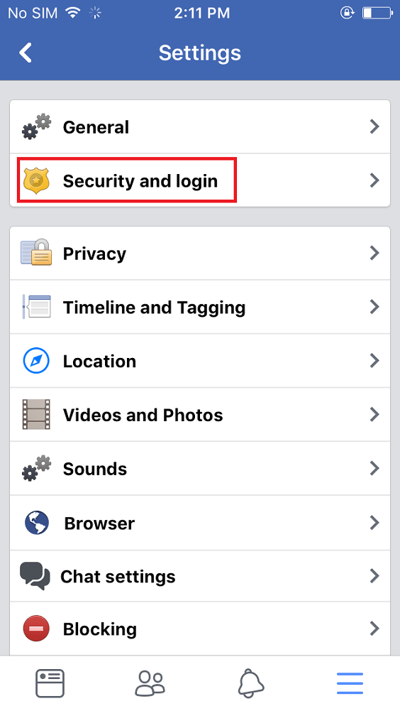 facebook app security and login setting in iphone