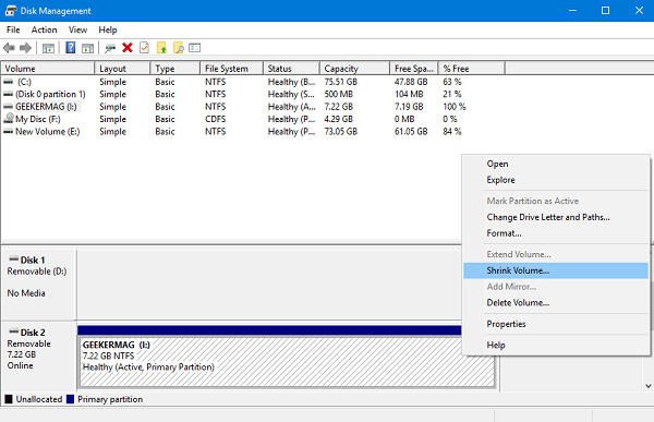 shrink volume in disk management tool in windows 10