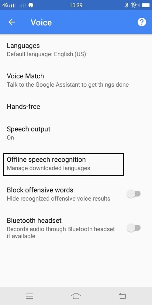 offline speech recognition settings