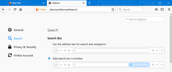 change search bar in the Start page of firerfox