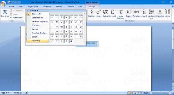 select geometry symbol in ms word