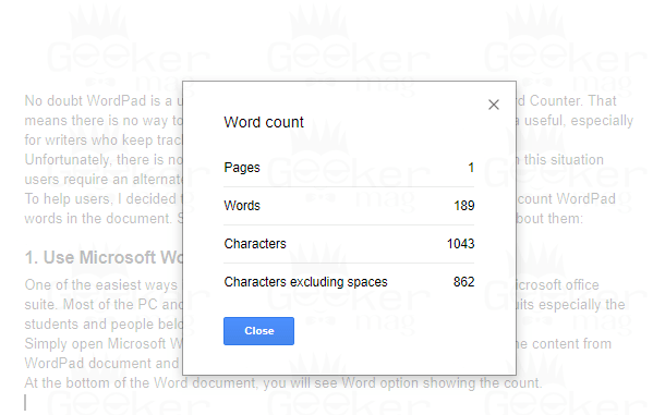 wordpad word count using google doc