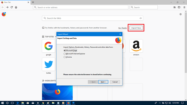 import data to firefox