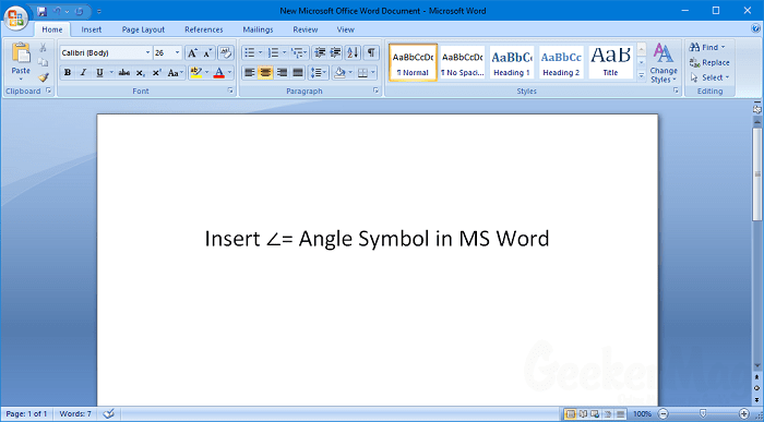 insert angle symbol in word