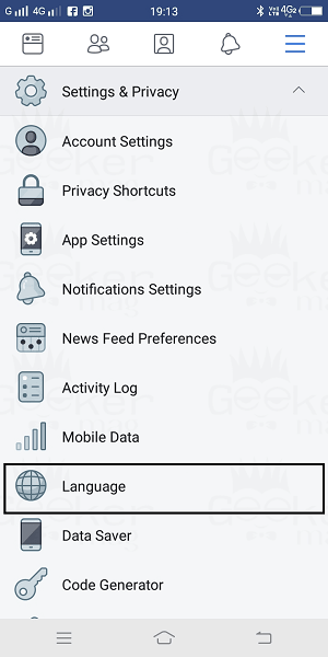 language settings on facebook app