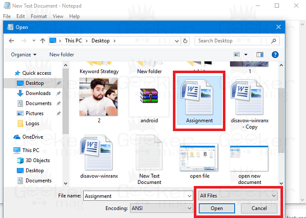 open a document in notpad