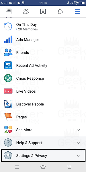 settings and privacy facebook app
