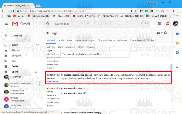 gmail enable experimental access