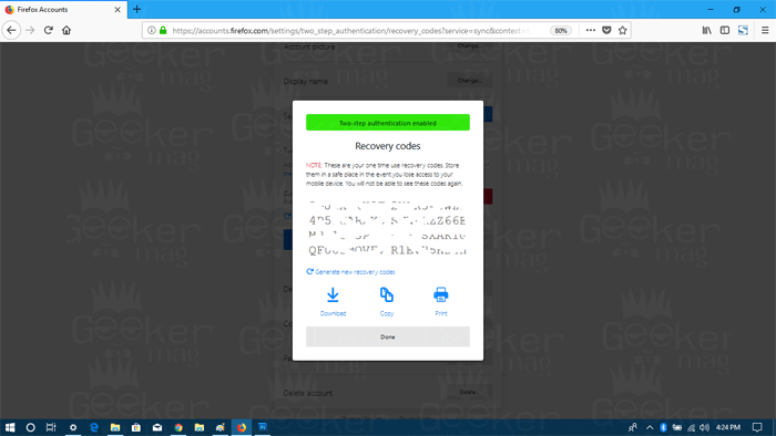 firefox two step authentication recovery codes