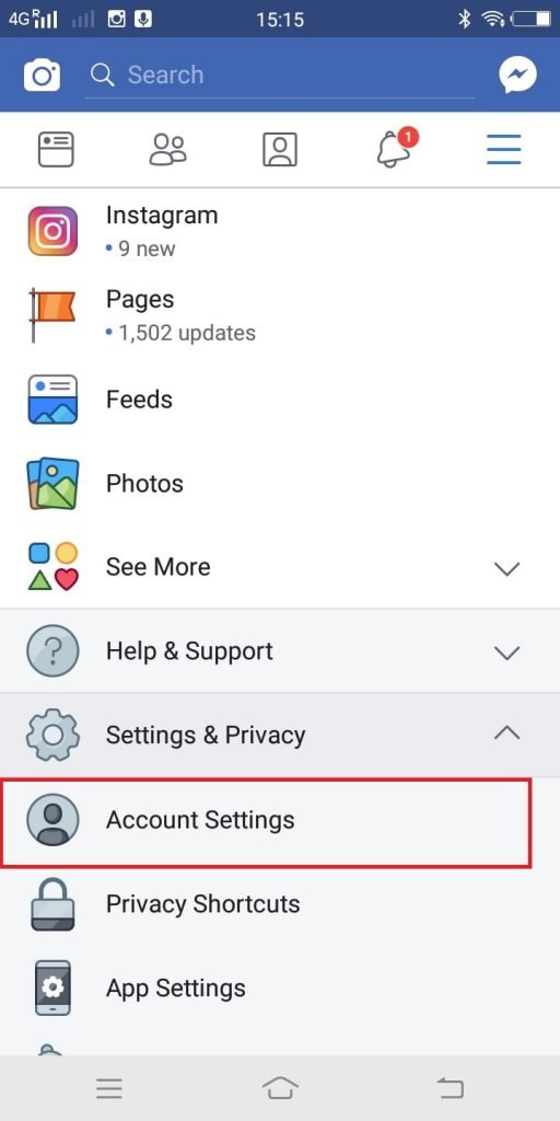 facebook for android account settings