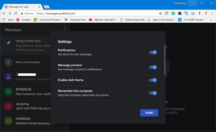 android messages dark mode