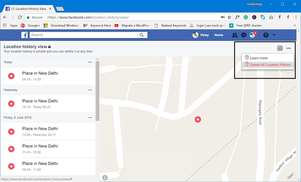 facebook for web delete all location history