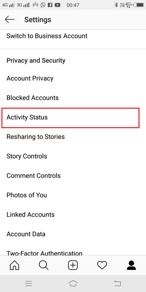 Instagram activity status settings