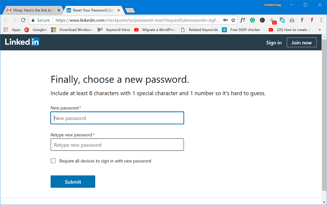 enter new linkedin password