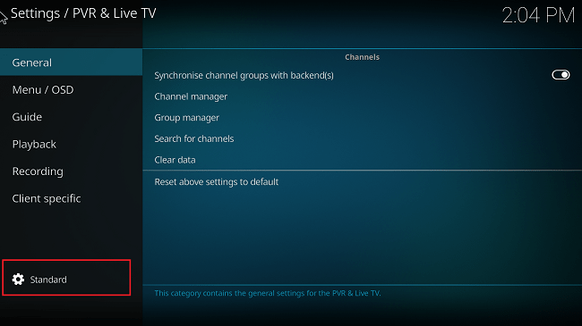 kodi standard settings