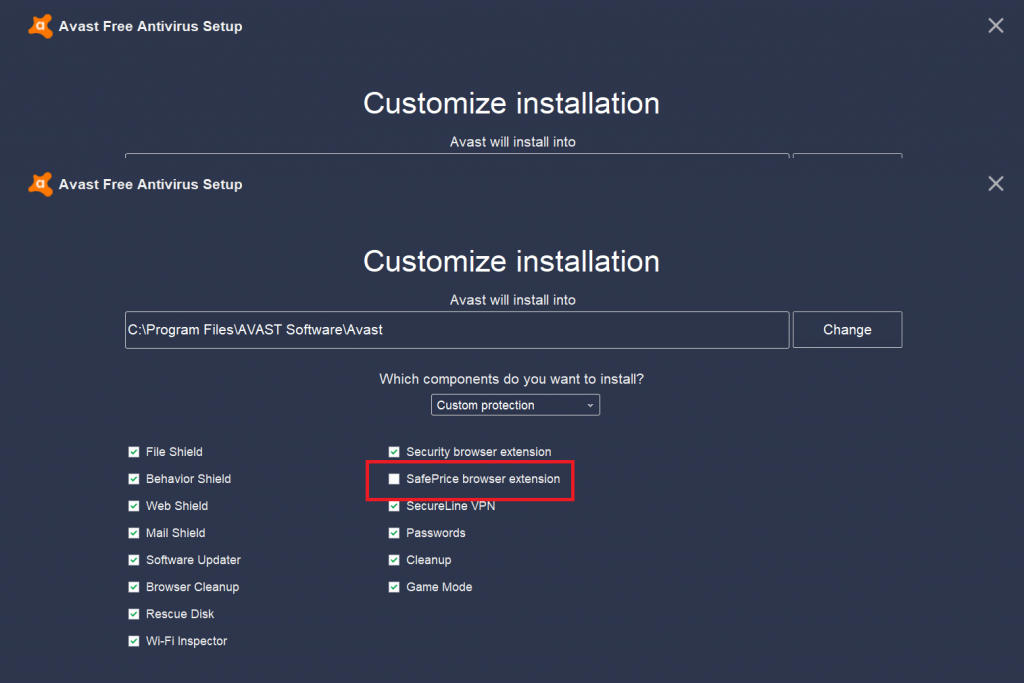 avast safeprice browser extension in avast setup