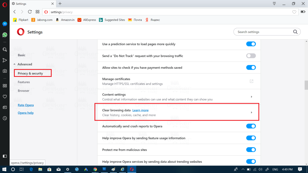 clear browing data in opera