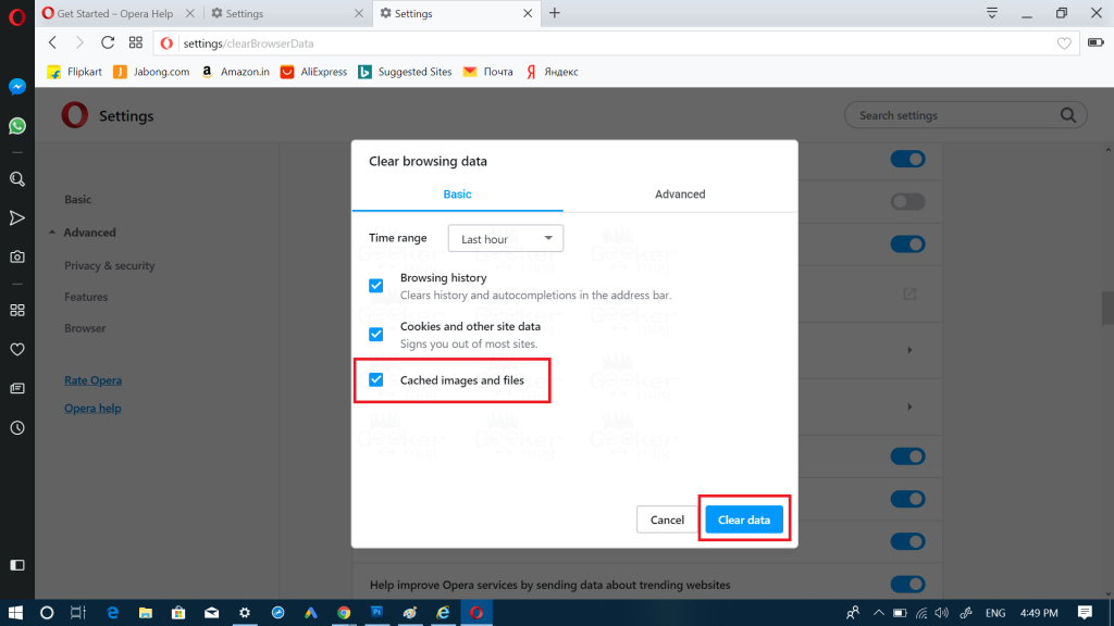 clear cache in opera